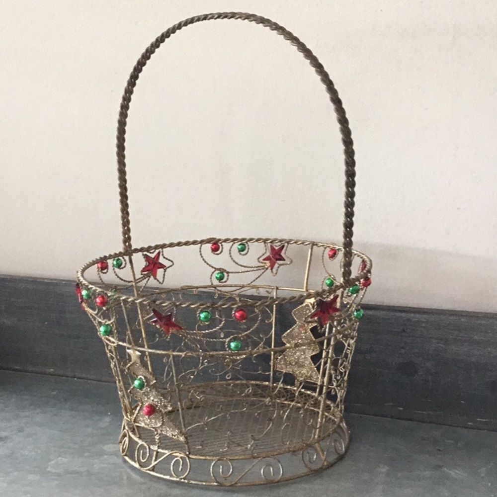 Gold, red & green Xmas tree basket with handle gift decor Christmas 13" tall